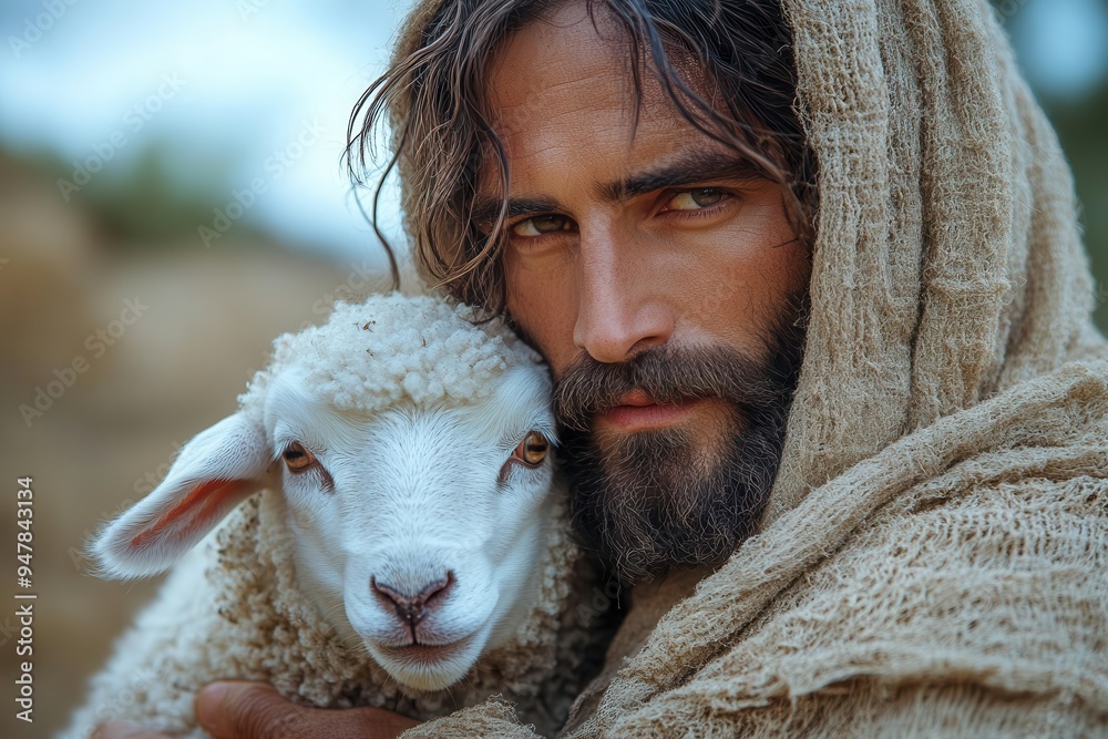 compassionate savior jesus tenderly carrying a rescued lamb in his arms symbolizing divine love and protection in a serene pastoral setting