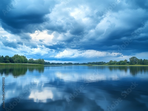 Storm clouds moving in over a calm lake, approaching weather, impending storm