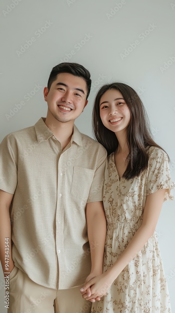 An Asian couple dressed in matching summer attire stands close together, sharing joyful smiles in a cozy indoor setting An Asian couple dressed in matching summer attire stands close together, sharing joyful smiles in a cozy indoor setting