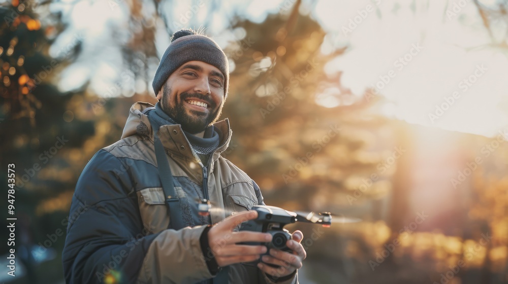 Fototapeta premium A man joyfully flies a drone, bathed in the golden hues of a sunny, winter afternoon, against a backdrop of bare trees and soft sunlight.