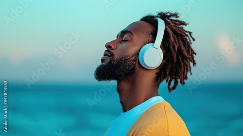 An individual with dreadlocks wearing headphones enjoys a peaceful moment by the ocean, suggesting introspection and immersion in music against a serene backdrop of the sea. photo