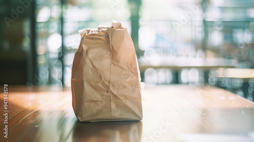 A crinkled brown paper bag sits alone on a sunlit table, evoking simplicity and nostalgia with its humble presence. photo