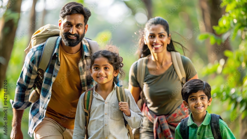 An energetic image of an Indian family trekking through a lush forest.
An energetic image of an Indian family trekking through a lush forest.