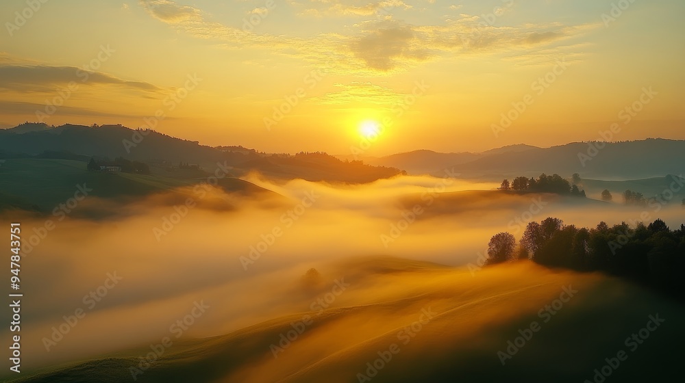 Sunrise breaking through morning fog over rolling hills, foggy weather, peaceful dawn Sunrise breaking through morning fog over rolling hills, foggy weather, peaceful dawn