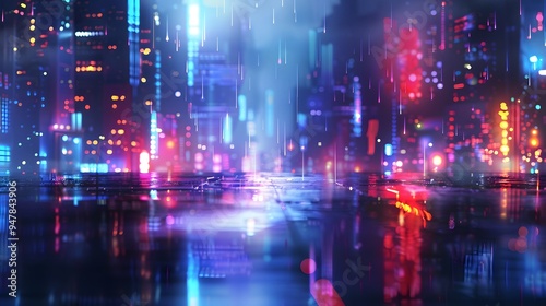 Abstract urban landscape with neon colors and bokeh effect, futuristic visuals