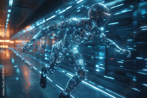 cybernetic athlete in hightech gym bionic enhancements visible holographic workout data sleek futuristic equipment dynamic pose showcasing superhuman strength photo