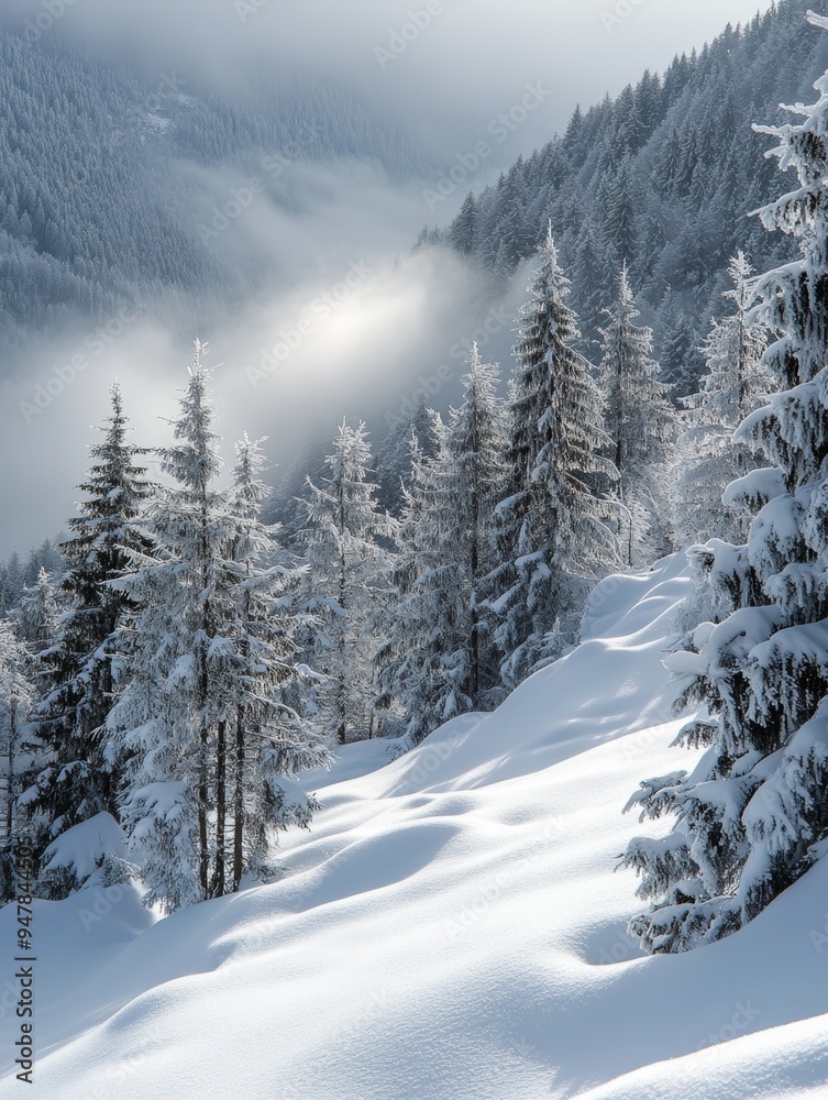 Obraz premium Heavy snowfall blanketing a mountain landscape, winter weather, cold and serene