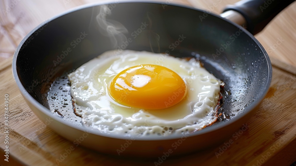 A steaming sunny-side-up egg cooking in a well-used non-stick frying pan, its bright yolk shining in the morning light. A steaming sunny-side-up egg cooking in a well-used non-stick frying pan, its bright yolk shining in the morning light.