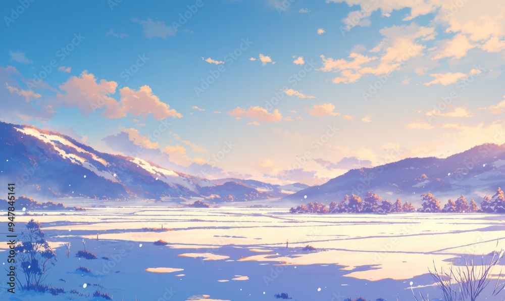 Obraz premium Enchanting Anime-Style Japanese Winter Landscape: Snowy Mountains Under Radiant Sky. Serene Cartoon Scenery with Gentle Snowfall, Perfect for Holiday Marketing and Cultural Themes. Elegant Minimalist 