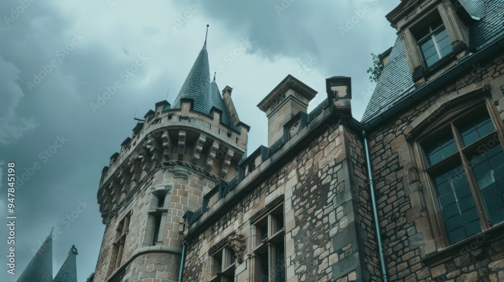 A dramatic, medieval stone castle towers under a moody, cloudy sky, evoking a sense of history and mystery in its imposing architecture. A dramatic, medieval stone castle towers under a moody, cloudy sky, evoking a sense of history and mystery in its imposing architecture.