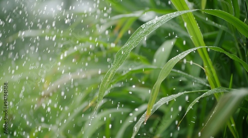 Vibrant Crop Textures CloseUp of WaterSprinkled Farm Field Leaves photo