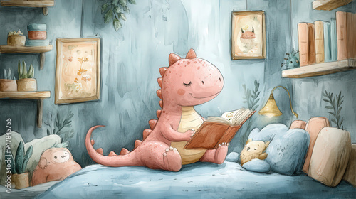 Pink dinosaur reading a bedtime story to a group of children, water color style, no color splash, heartwarming and tender.  photo