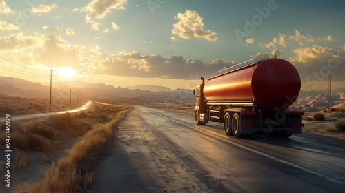 Back view of oil and gas truck on a road on sunny day. Generative AI illustration 
