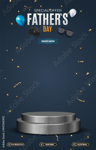 father day sale discount portait template banner with blank space 3d podium for social media post product sale with abstract gradient blue background design 14