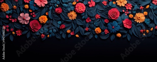 Wallpaper Mural A vibrant arrangement of intricate paper flowers in red, orange, and blue hues, set against a dark background, creating a striking contrast. Torontodigital.ca