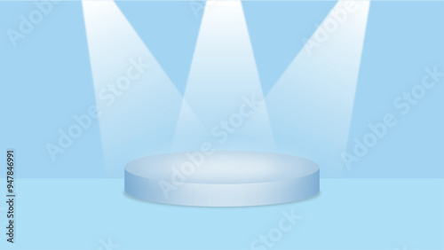 A minimalist podium with a smooth, curved design, podium illuminated by spotlights, set against a blue background. This background can be used for product displays, promotions, and festive events.	