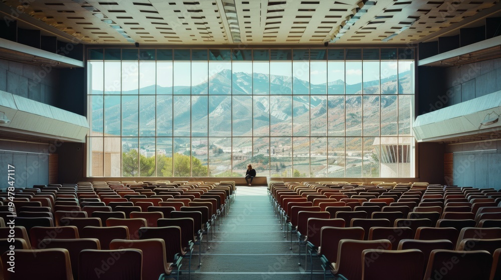 Obraz premium An empty, modern lecture hall with rows of chairs facing a stage, featuring a panoramic window with spectacular mountain views in the background.