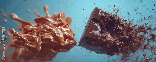 A bar of chocolate collides with a splash of melting chocolate and cocoa powder, creating a dynamic and delicious visual explosion.