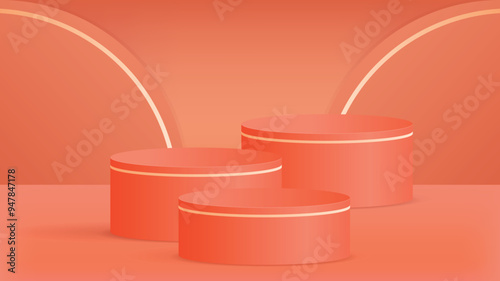 A minimalist podium with a smooth, curved design, set against a red background. This background can be used for product displays, promotions, and festive events.