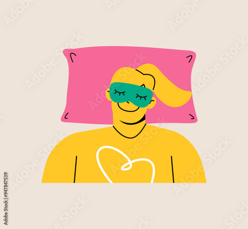 Sleeping woman. Sleeping on a pillow. Sleep mask. Colorful vector illustration
