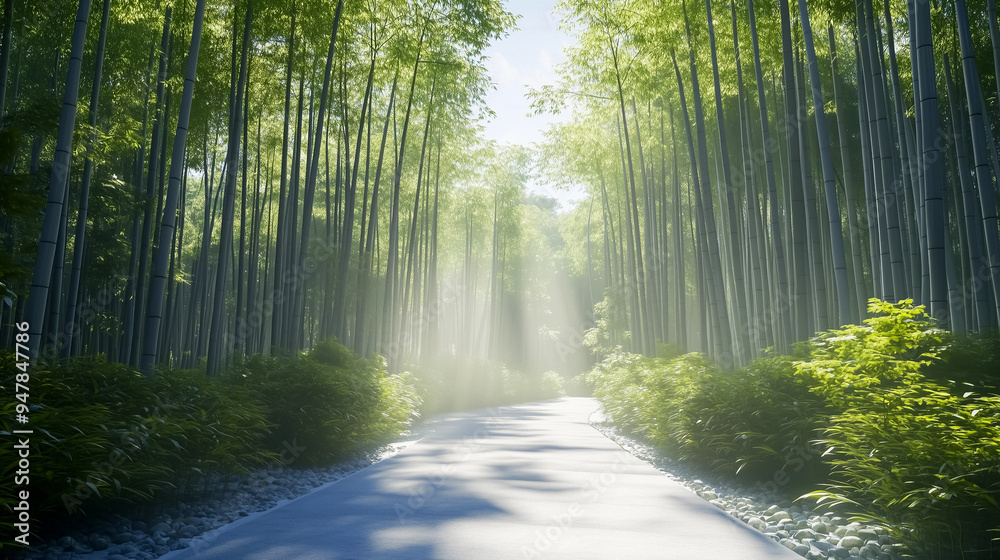 Fototapeta premium Serene bamboo path bathed in sunlight leading into the forest, enveloped by towering bamboo trees, perfect for tranquil walks and meditative journeys through lush greenery and quietude.