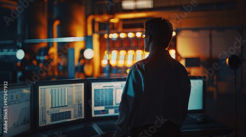 A silhouetted figure stands before multiple computer screens in a dimly lit control room, bathed in the glow of data and machinery.