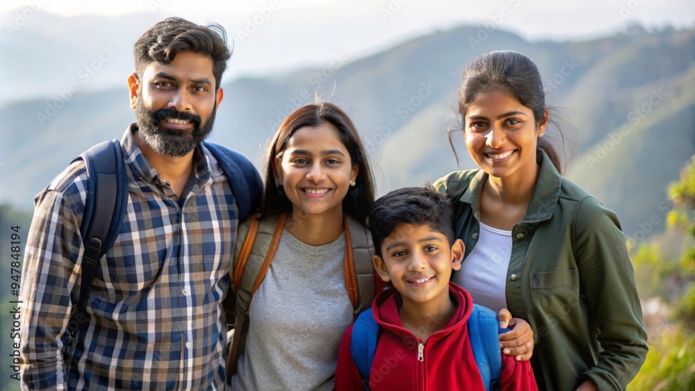A group shot of an Indian family posing together on a beautiful hiking trail.
A group shot of an Indian family posing together on a beautiful hiking trail.