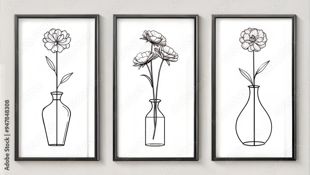 set of three vertical poster, minimalist one line art vase and flower set of three vertical poster, minimalist one line art vase and flower