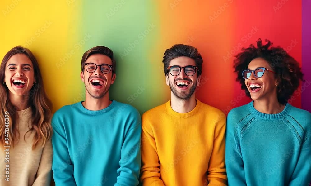 A group of four cheerful friends share laughter and joy, expressing happiness against a strikingly colorful wall. Their vibrant sweaters match the lively background, radiating positivity A group of four cheerful friends share laughter and joy, expressing happiness against a strikingly colorful wall. Their vibrant sweaters match the lively background, radiating positivity