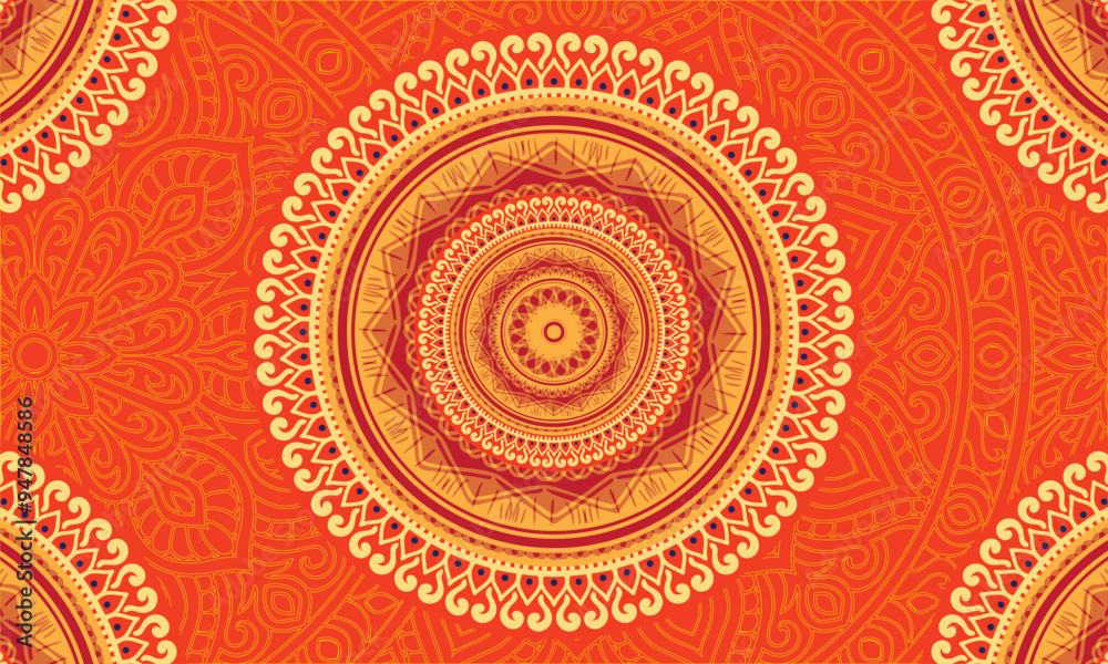Colorful ornamental floral ethnic mandala.Colorful floral mandala design with bright yellow, orange, and blue flowers on a dark background, perfect for artistic patterns.