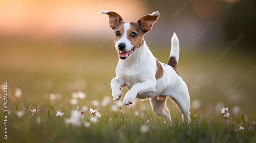Happy Dog Running on Grass with Flowers Happy Dog Running on Grass with Flowers