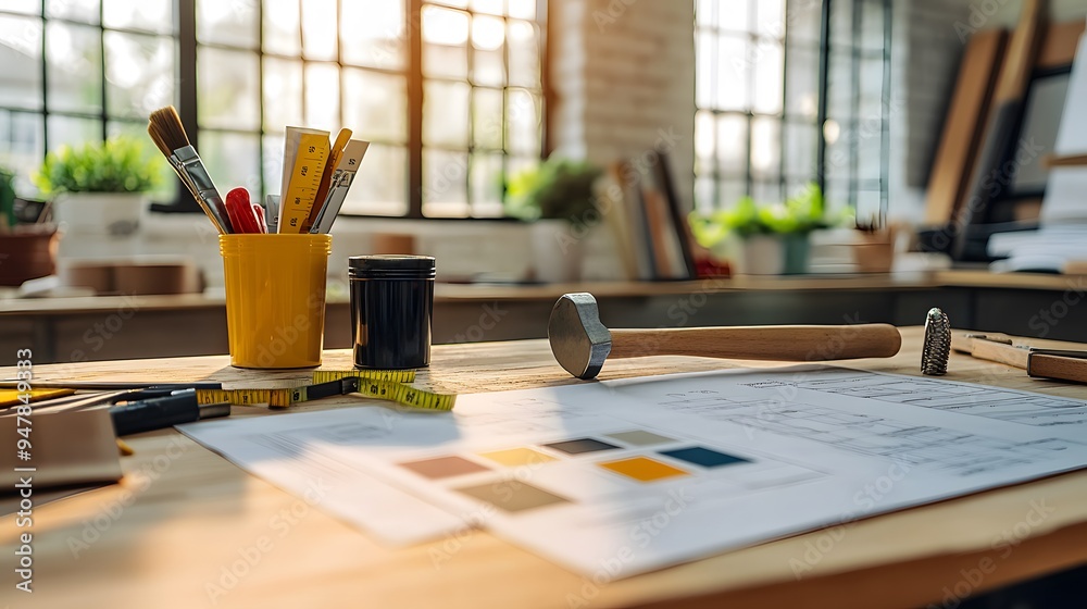 A well-organized home improvement workspace featuring a wooden table with tools like a hammer, measuring tape, and paint cans, surrounded by color swatches and renovation plans against a bright backdr