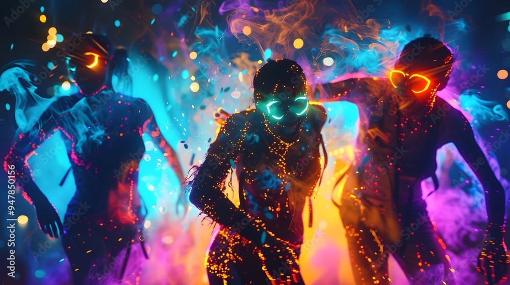 Fototapeta premium Rave dancers with neon paint, bokeh effect and beautiful mind style