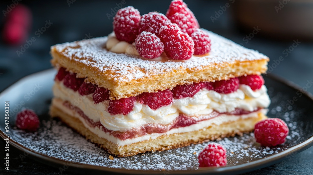 A delicious raspberry mille-feuille topped with fresh berries on a white plate A delicious raspberry mille-feuille topped with fresh berries on a white plate