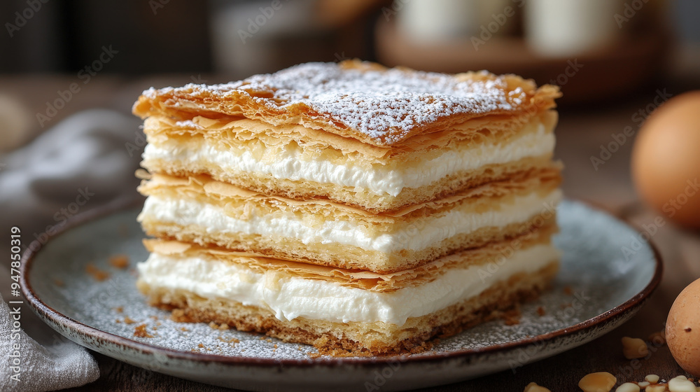 A delicious mille-feuille on a plate, showcasing its rich creaminess and homemade appeal