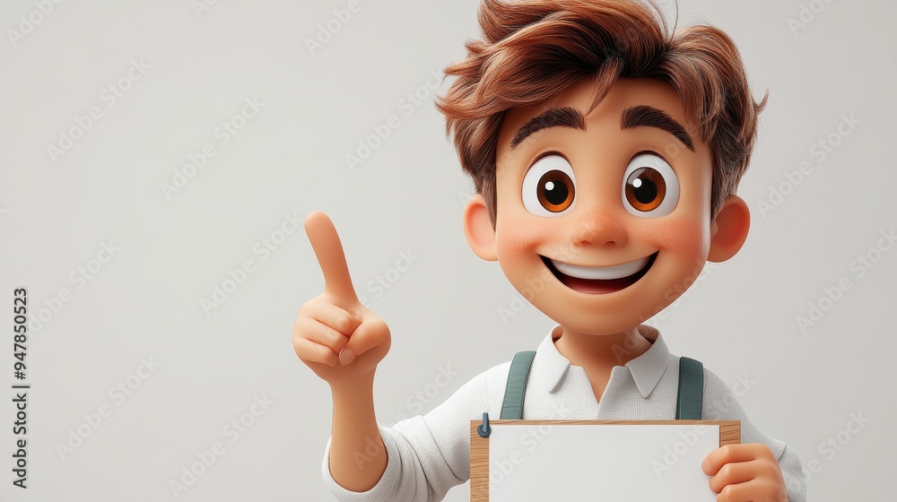 3d render funny cartoon character han3d in green sleeve finger pointing to blank banner with copy space white backgroun3d advertisement poster mockup attention