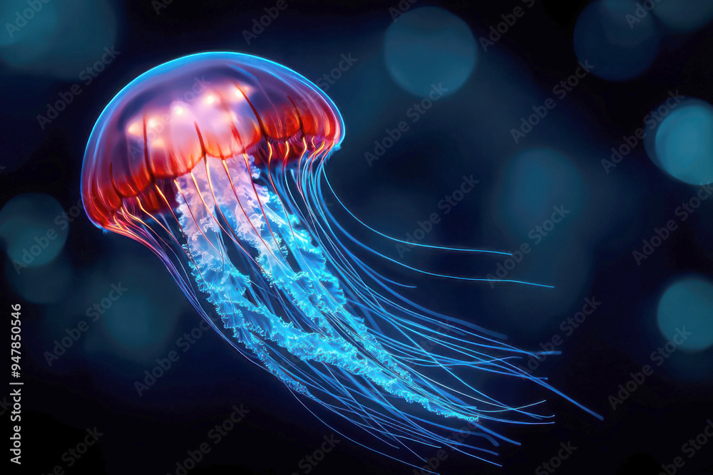 A vibrant jellyfish gracefully swims through deep blue waters, showcasing its luminous colors and delicate tentacles. A vibrant jellyfish gracefully swims through deep blue waters, showcasing its luminous colors and delicate tentacles.