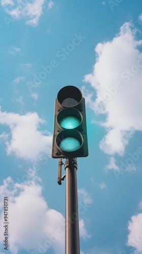 A traffic light with the green light shining, against a background of sky, in a minimalist style, taken from a low angle