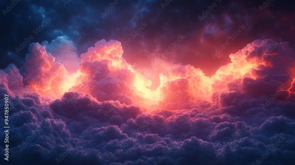 Fototapeta premium 3d render geometric lightning sign glows with neon light inside the colorful clou3d isolate3d on white backgroun3d fantasy sky stormy cumulus with geometric shape