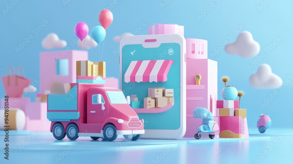 3D rendering of a mobile app interface for e-commerce, showing a delivery service feature with truck and scooter icons for transportation. 3D rendering of a mobile app interface for e-commerce, showing a delivery service feature with truck and scooter icons for transportation.