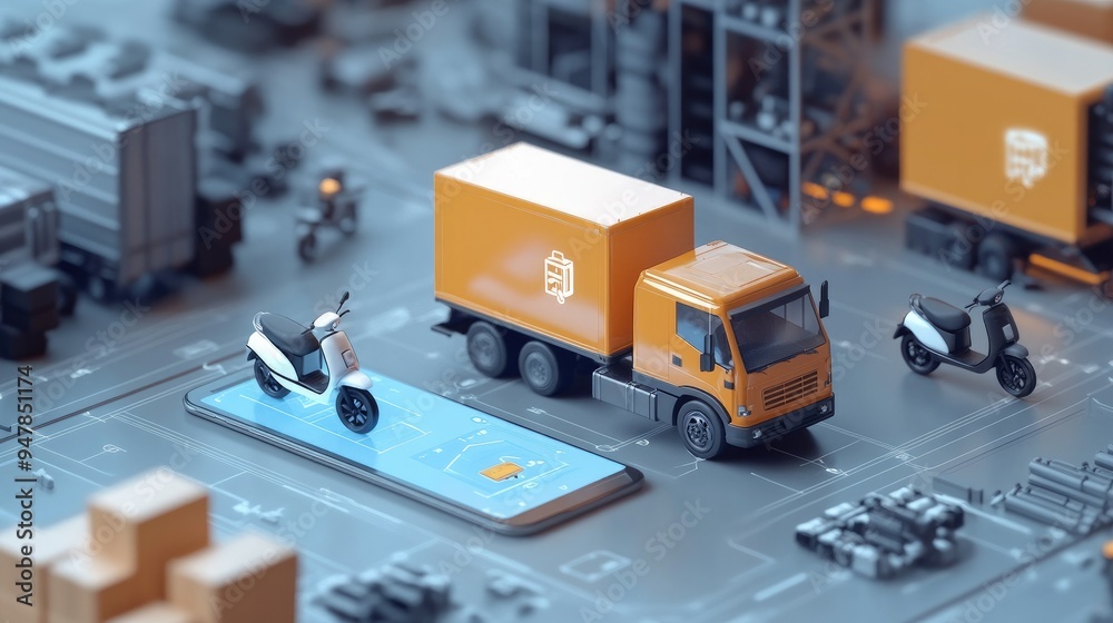 3D rendering of an e-commerce delivery system, showcasing a mobile app with options for truck and scooter delivery, emphasizing logistics and convenience. 3D rendering of an e-commerce delivery system, showcasing a mobile app with options for truck and scooter delivery, emphasizing logistics and convenience.