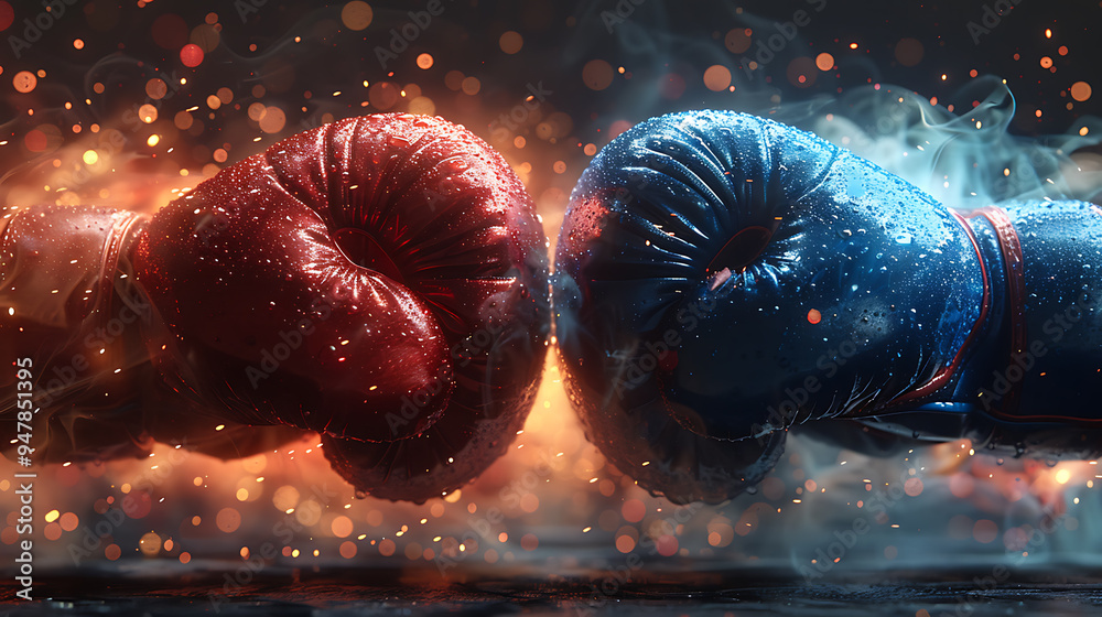 Red and blue boxing gloves are fighting.