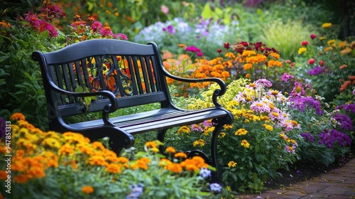 Fototapeta Naklejka Na Ścianę i Meble -  A garden bench nestled among blooming flowers, offering a tranquil spot to relax amidst the vibrant colors of the garden.