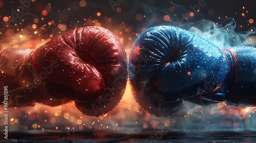 Obraz na płótnie Red and blue boxing gloves are fighting. w salonie