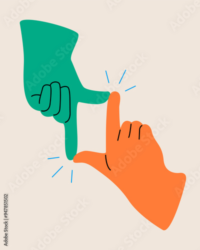 Hands framing comosition. Photo Frame Hands. Frame of fingers. Photo sign made by human hands. Colorful vector illustration photo