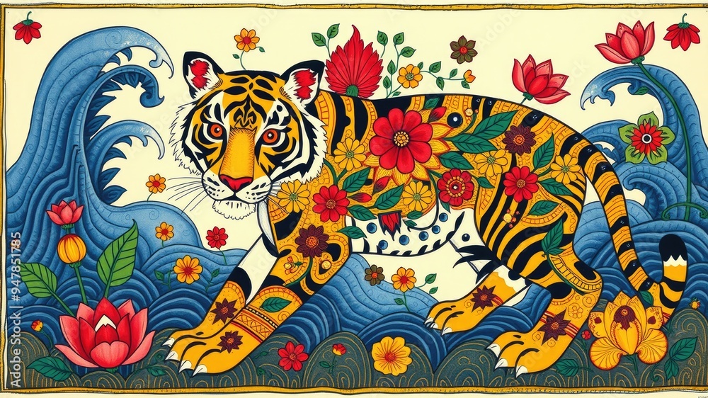 Fototapeta premium Pattern with tiger, Abstract painting, tiger pattern, flower ornament pattern.seamless pattern with tiger, and flowers