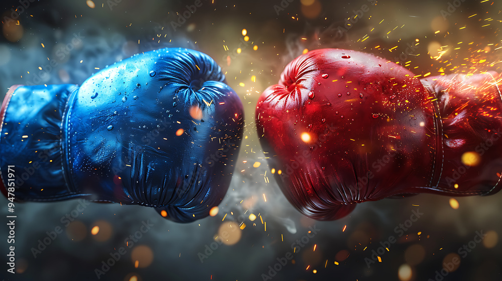 Red and blue boxing gloves are fighting.
