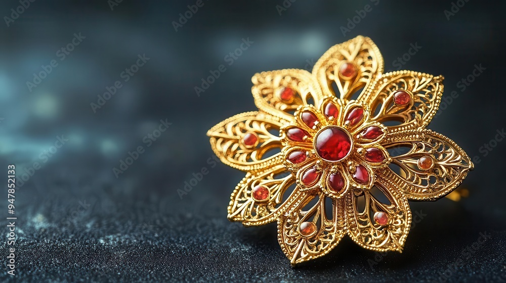 Traditional gold brooch with intricate filigree, gold jewelry, craftsmanship and tradition Traditional gold brooch with intricate filigree, gold jewelry, craftsmanship and tradition