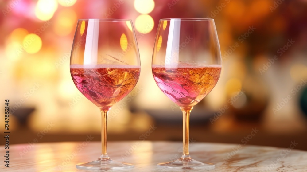 Two Glasses of Pink Wine on a Table with Blurred Lights Two Glasses of Pink Wine on a Table with Blurred Lights