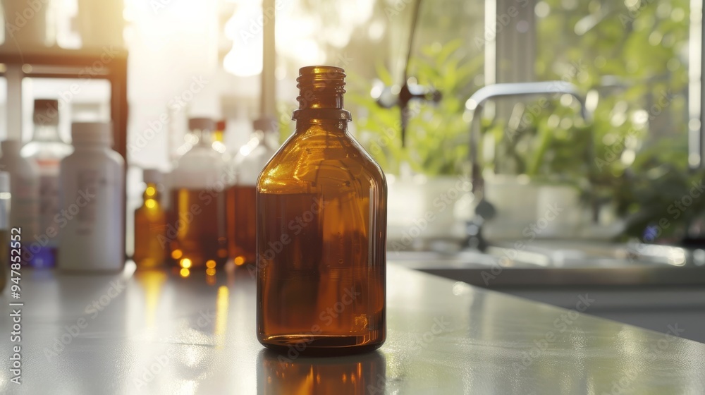 A brown glass bottle standing on a sunlit lab counter, surrounded by other bottles and equipment. A brown glass bottle standing on a sunlit lab counter, surrounded by other bottles and equipment.